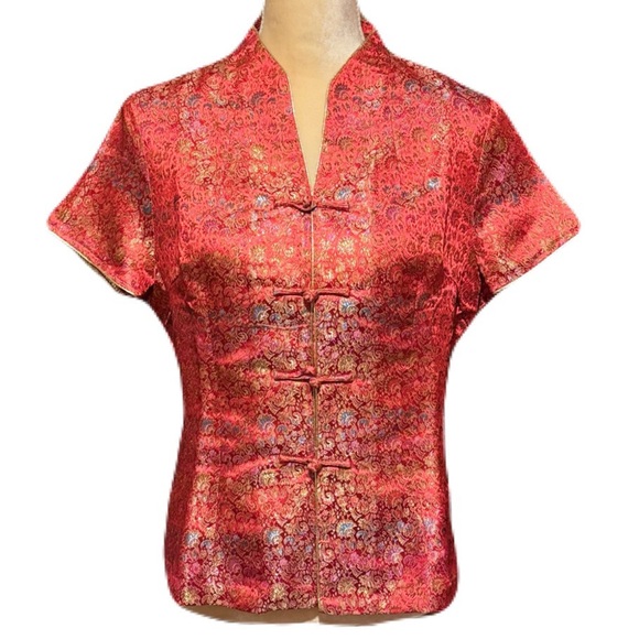 Chan Am Tops - Traditional Womens Chinese Asian Summer Blouse Shirt Red Floral Frog Closure
